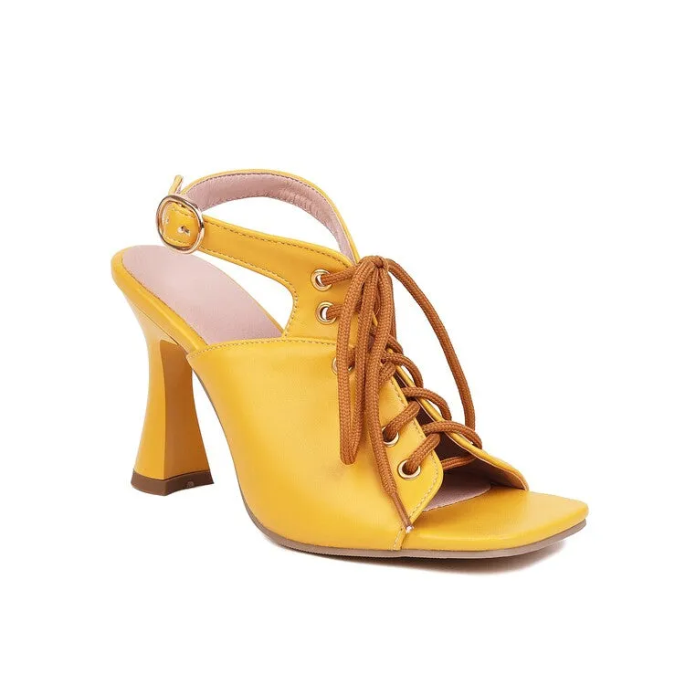 Women's Square Toe Lace-Up Slingbacks Spool Heel Sandals