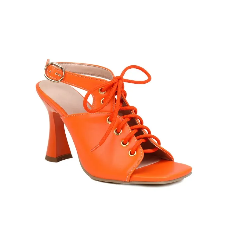 Women's Square Toe Lace-Up Slingbacks Spool Heel Sandals