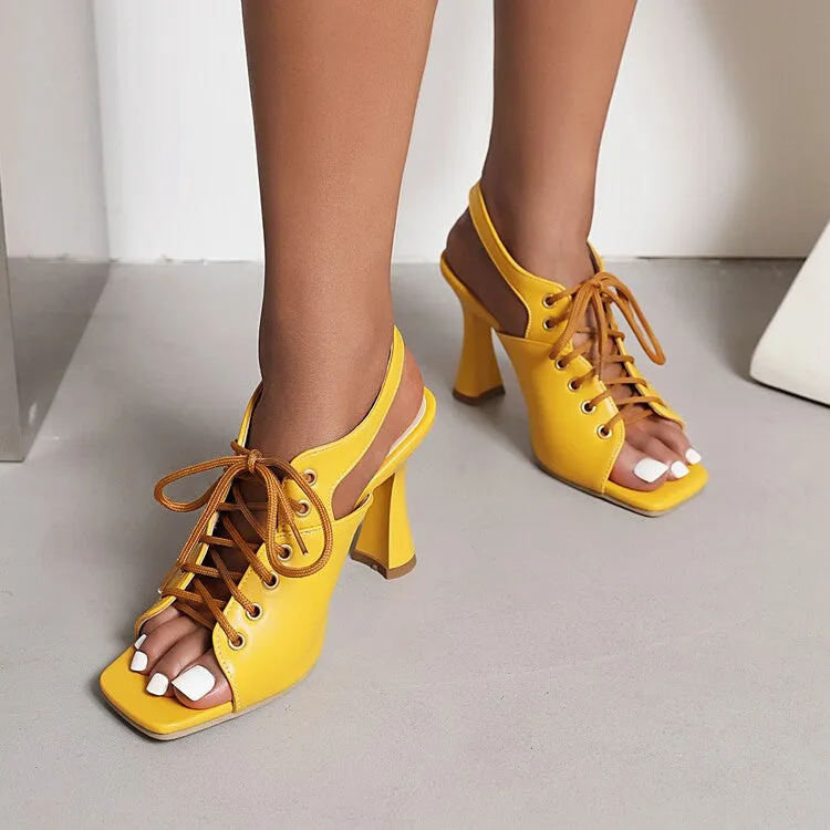 Women's Square Toe Lace-Up Slingbacks Spool Heel Sandals
