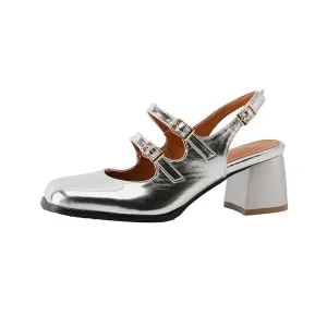 Women's Square Toe Mary Janes Slingbacks Block Heel Sandals