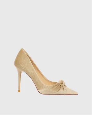 Xolani Ruched Bow Velvet  Pumps In Beige